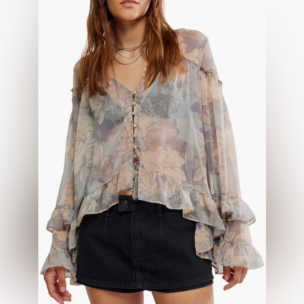 Free People Floral Sheer Blouse - Day Dreaming Ruffle Trim Top